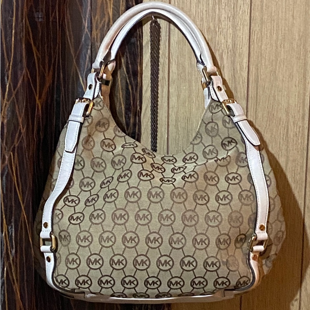 Michael Kors Tan MK Logo Hobo with White Trim